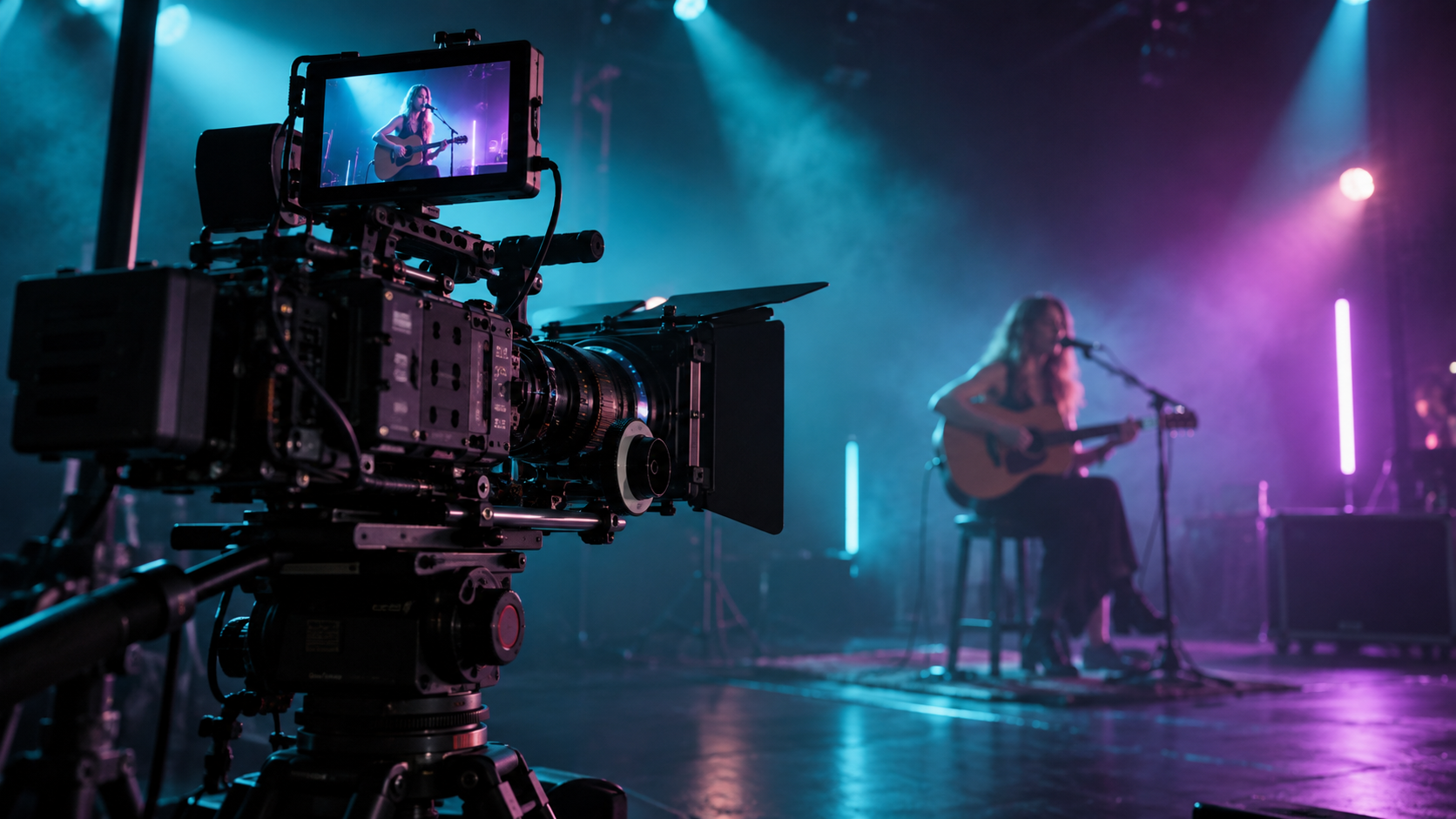 Illustrative professional cinema camera filming a live production